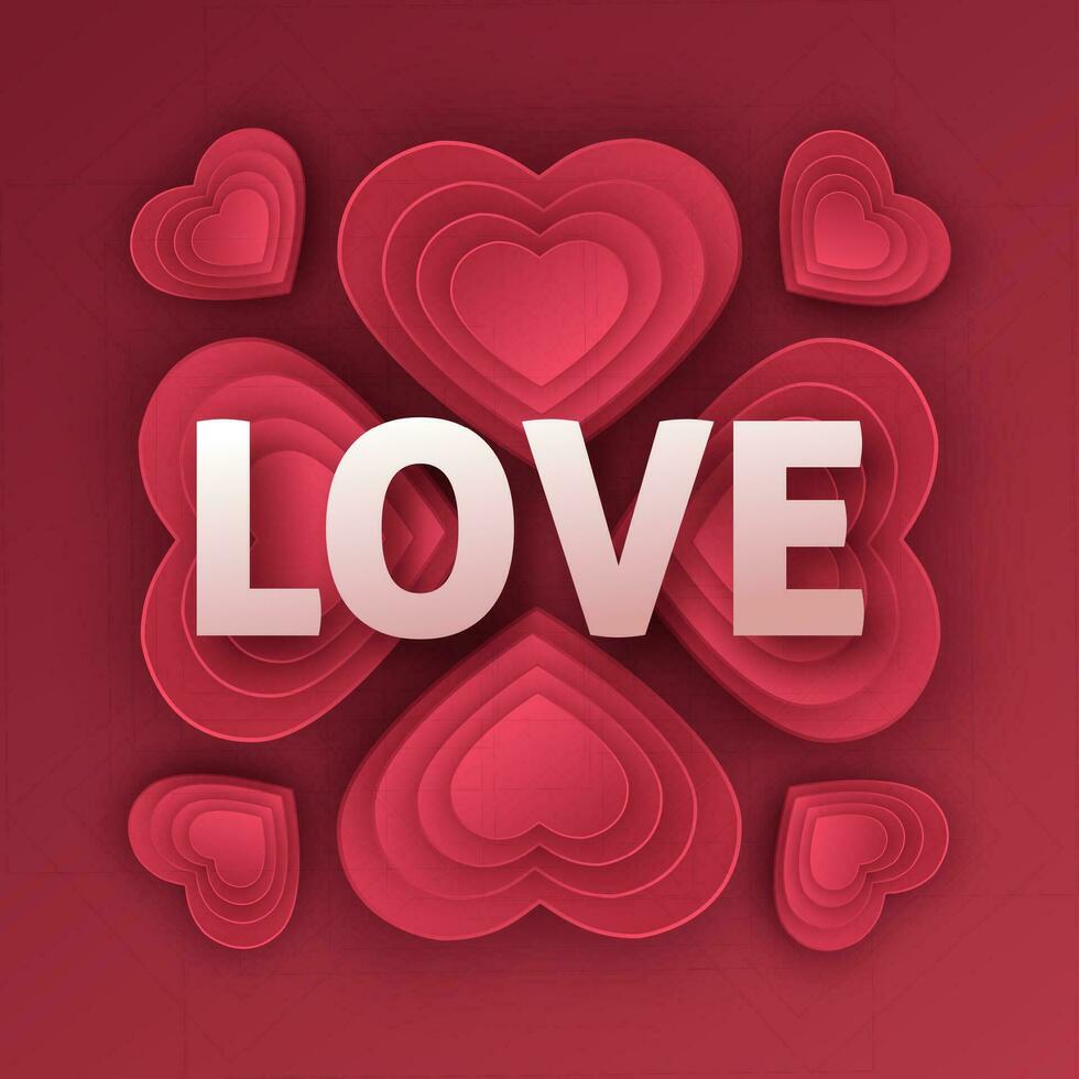 glücklich Valentinsgrüße Tag Gruß Karte. Papier Kunst, Liebe und Hochzeit. rot Papier Herzen im Stil von Origami. Vektor Illustration