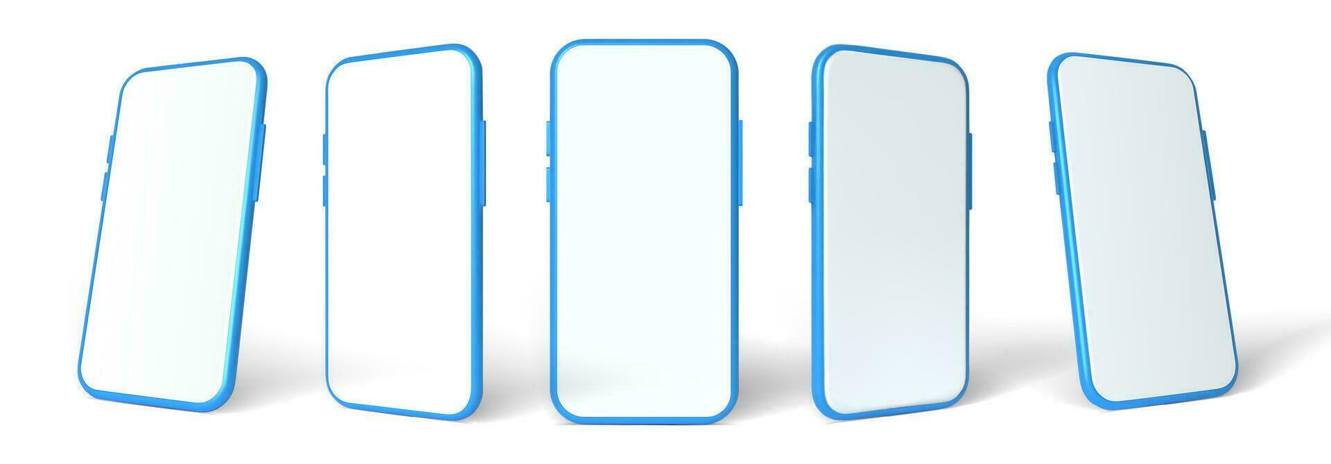 blå smartphone mockup, 3d vektor mall uppsättning. mobil telefon främre se på de vit bakgrund.