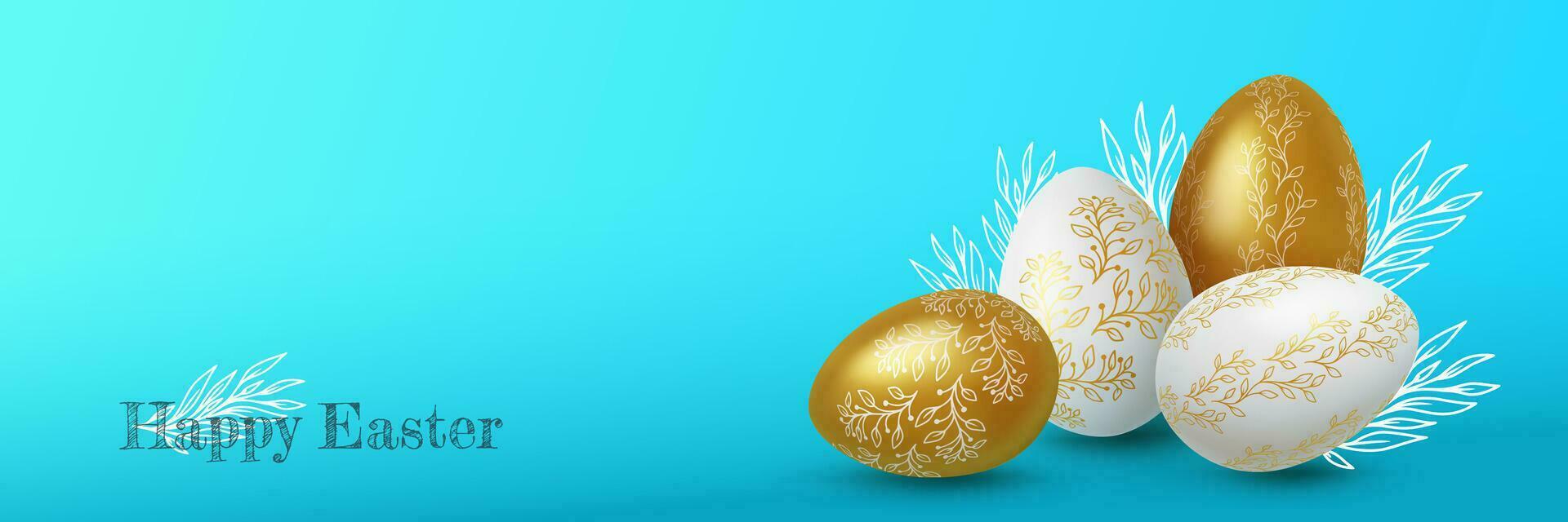 realistisk guld och vit påsk ägg med blomma ornament på blå bakgrund. vektor illustration.