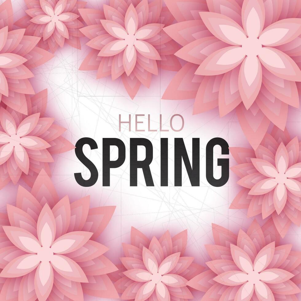 Hej vår, blommig hälsning kort, papper blommor. baner med realistisk papper blommor. vektor illustration
