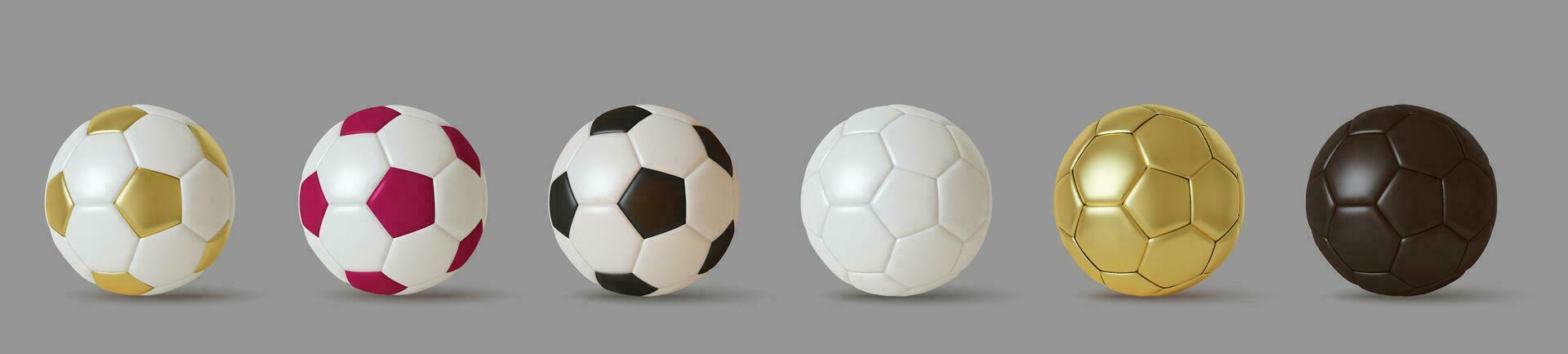 Sammlung von 3d realistisch Fußball Bälle. einstellen von golden, violett und Weiß schwarz Farbe Fußball Bälle. Vektor Illustration.