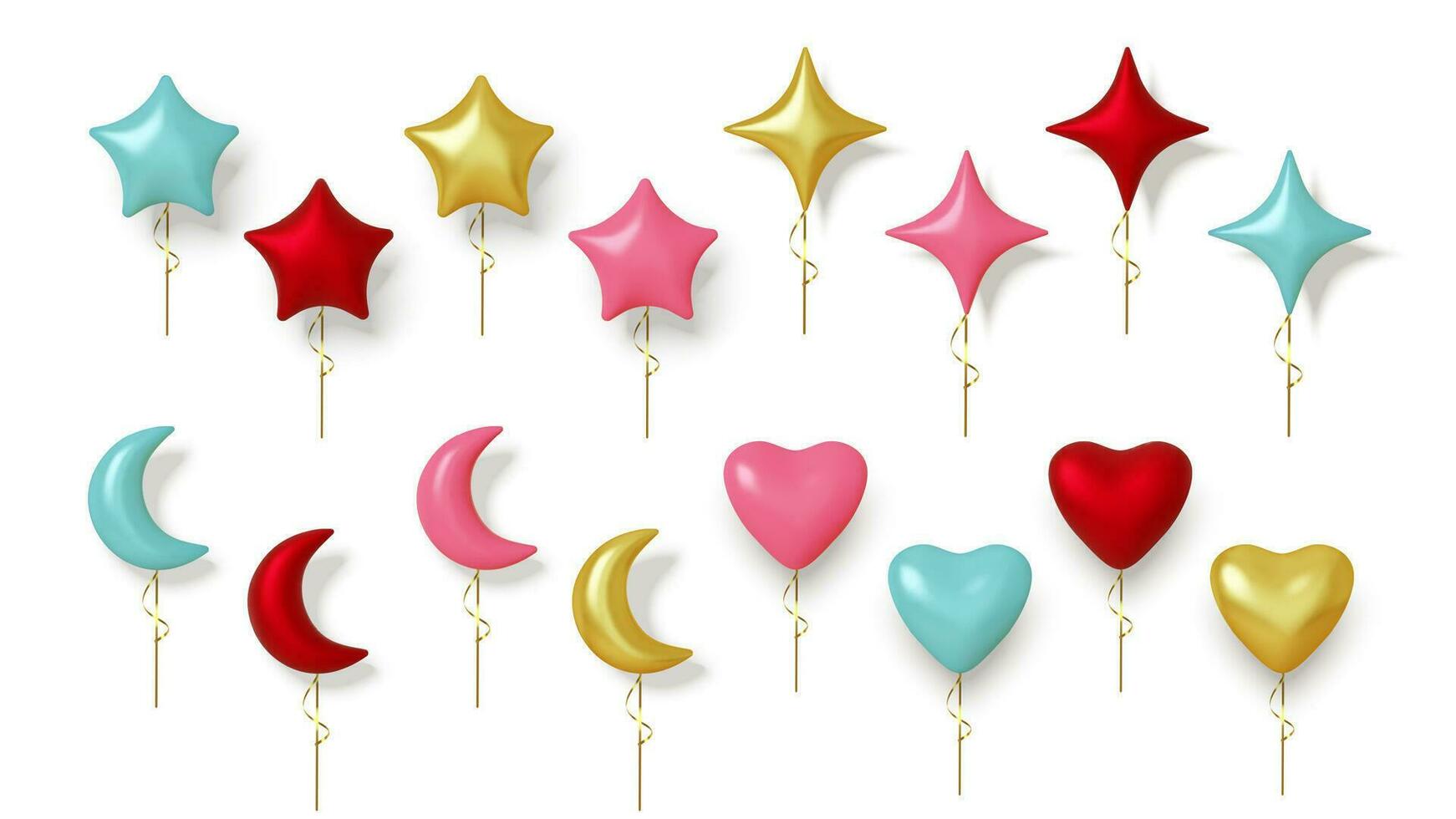 uppsättning av färgrik realistisk ballonger i de form av stjärna, hjärta och månad. isolerat på vit bakgrund i 3d stil. vektor illustration