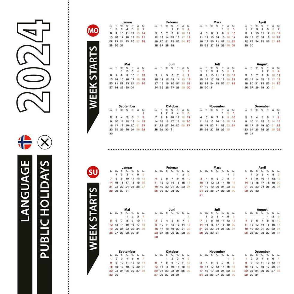 två versioner av 2024 kalender i norska, vecka börjar från måndag och vecka börjar från söndag. vektor