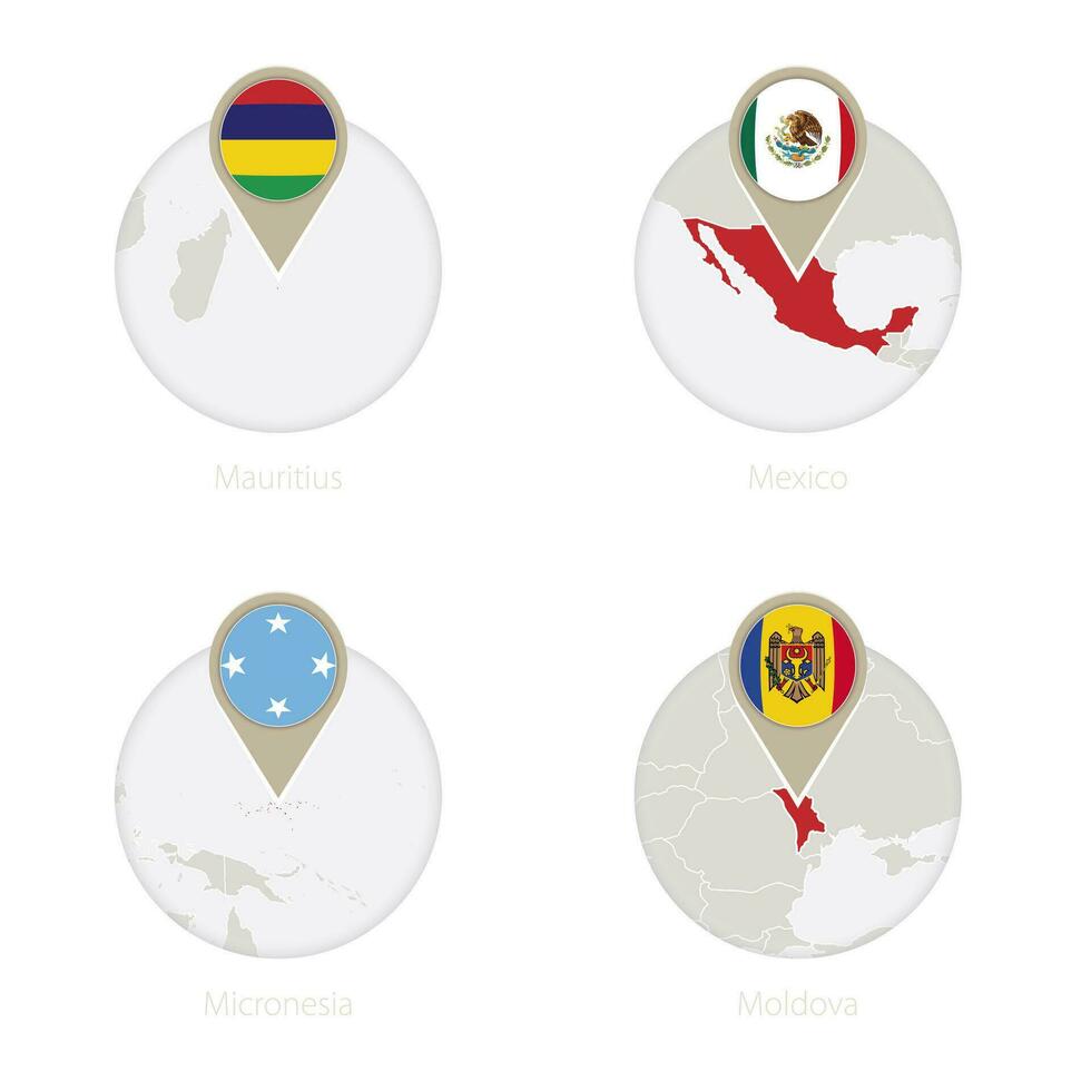 Mauritius, Mexiko, Mikronesien, Moldau Karte und Flagge im Kreis. vektor