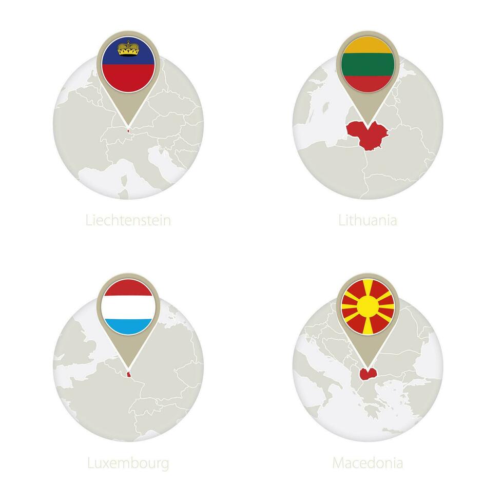 Liechtenstein, litauen, luxembourg, macedonia Karta och flagga i cirkel. vektor