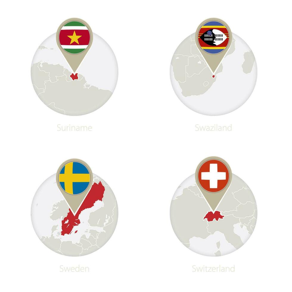 Surinam, Swasiland, Schweden, Schweiz Karte und Flagge im Kreis. vektor