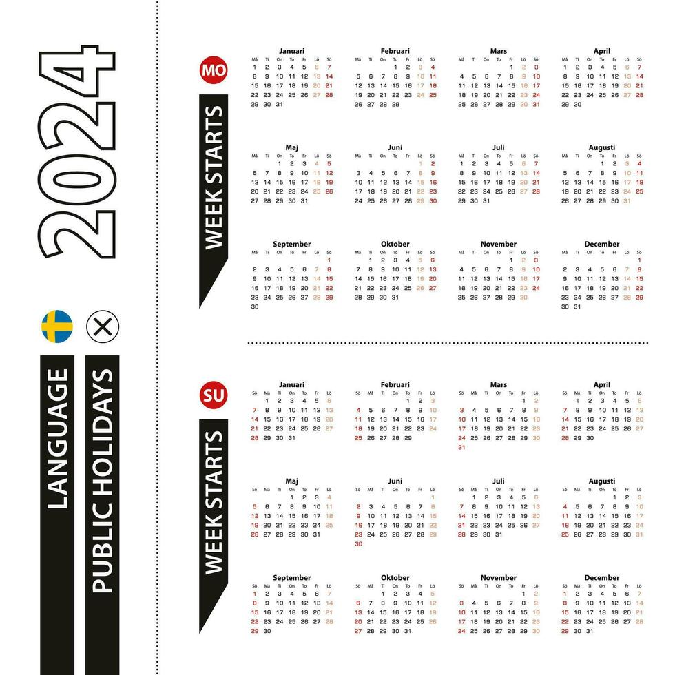 zwei Versionen von 2024 Kalender im Schwedisch, Woche beginnt von Montag und Woche beginnt von Sonntag. vektor