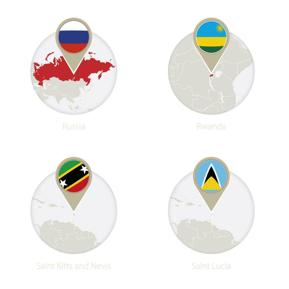 Ryssland, rwanda, helgon kitts och nevis, helgon lucia Karta och flagga i cirkel. vektor