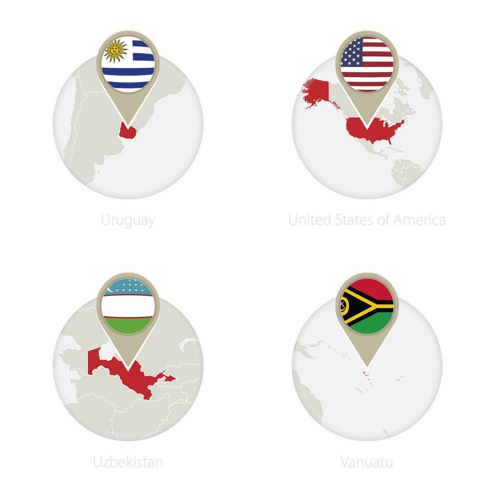 uruguay, usa, uzbekistan, vanuatu Karta och flagga i cirkel. vektor
