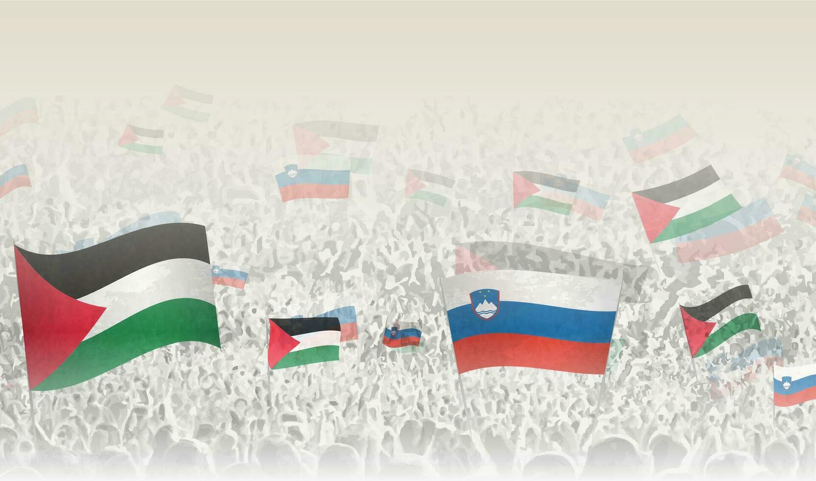 palestina och slovenien flaggor i en folkmassan av glädjande människor. vektor