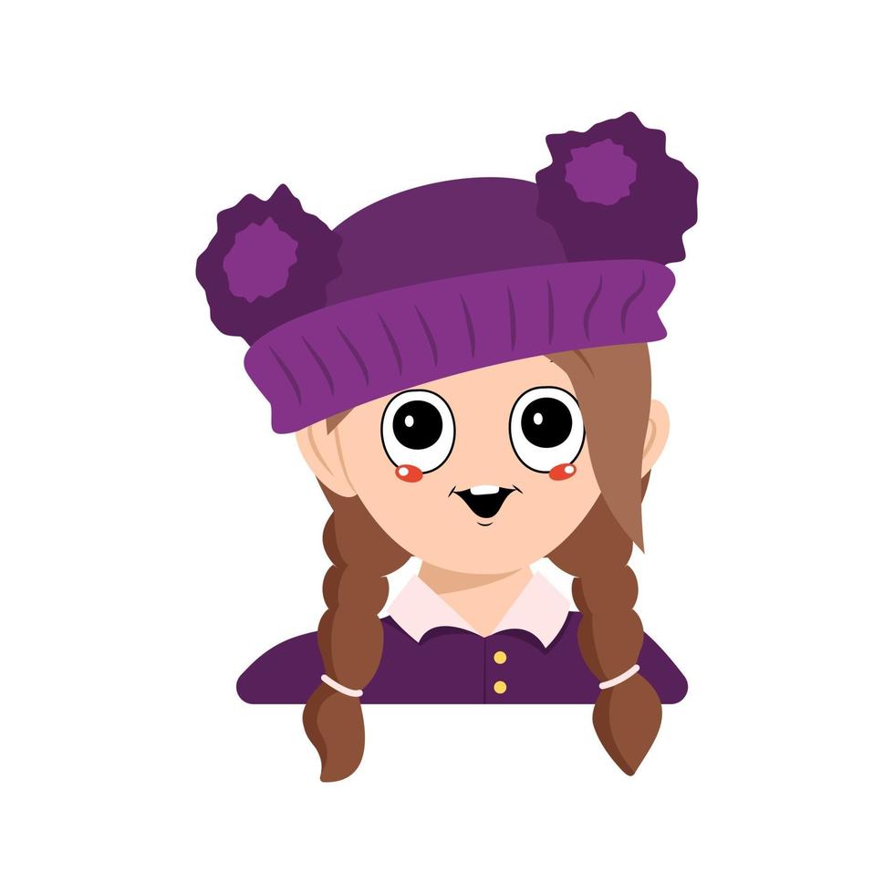 flicka med stora ögon och glatt leende i en lila hatt med en pompon vektor