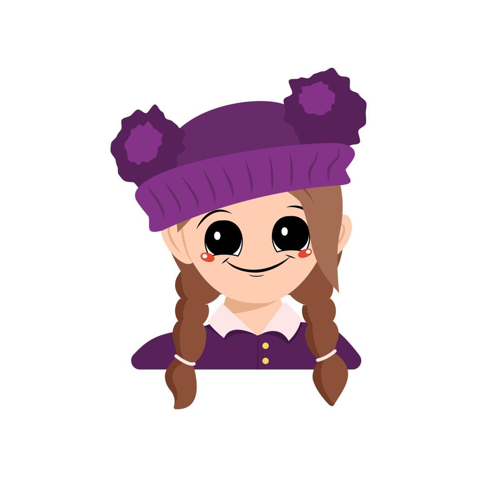 flicka med stora ögon och glatt leende i en lila hatt med en pompon vektor