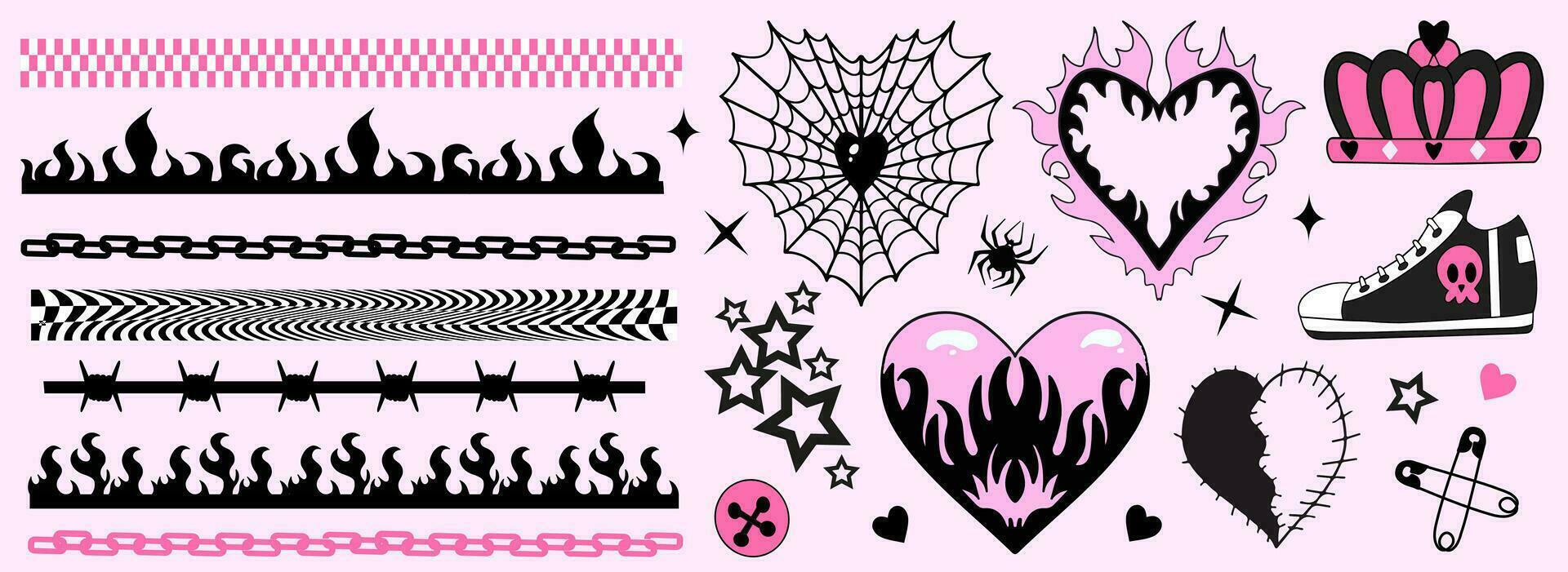 y2k 2000-talet söt emo goth estetisk klistermärken, tatuering konst element, gränser. årgång rosa och svart dyster uppsättning. gotik halloween begrepp av kuslig kärlek. vektor illustration