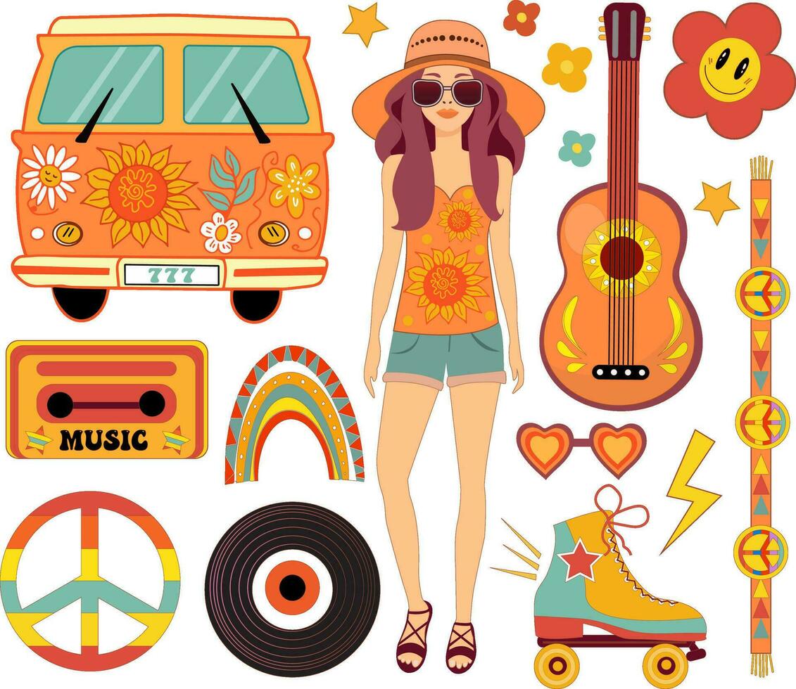 häftig hippie 70s vektor uppsättning. tecknad serie rolig stil. psychedelic blomma, hjärta, retro flicka, regnbåge, rullskridskor. isolerat klistermärke pack.vector illustration