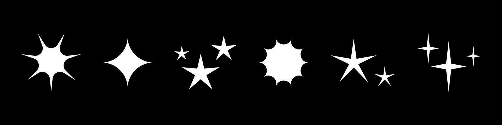 Vektor einstellen von futuristisch funkeln Symbole. Sammlung von Weiß Star Formen isoliert auf schwarz. abstrakt Zeichen. abstrakt cool scheinen 90er Jahre Elemente.