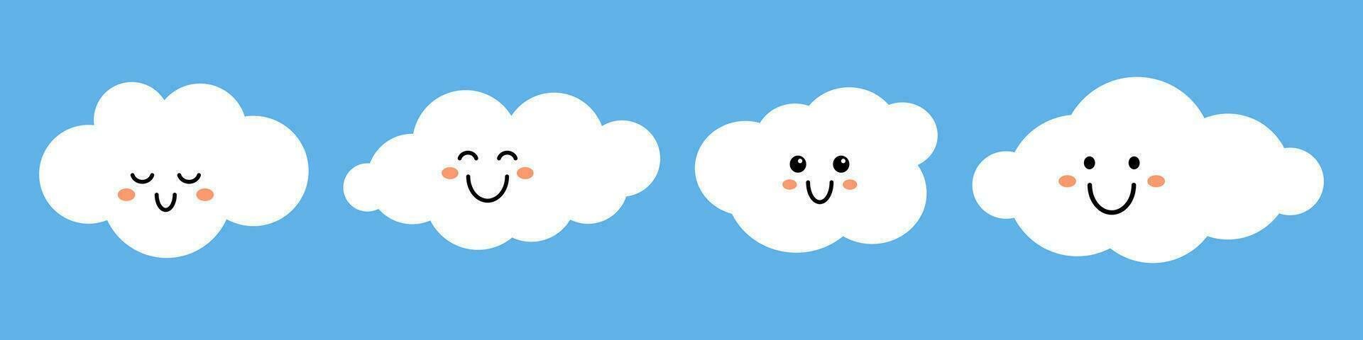 vektor uppsättning av söt vit moln med ansikten på blå bakgrund. söt rolig barn moln samling i platt design. barnslig element.