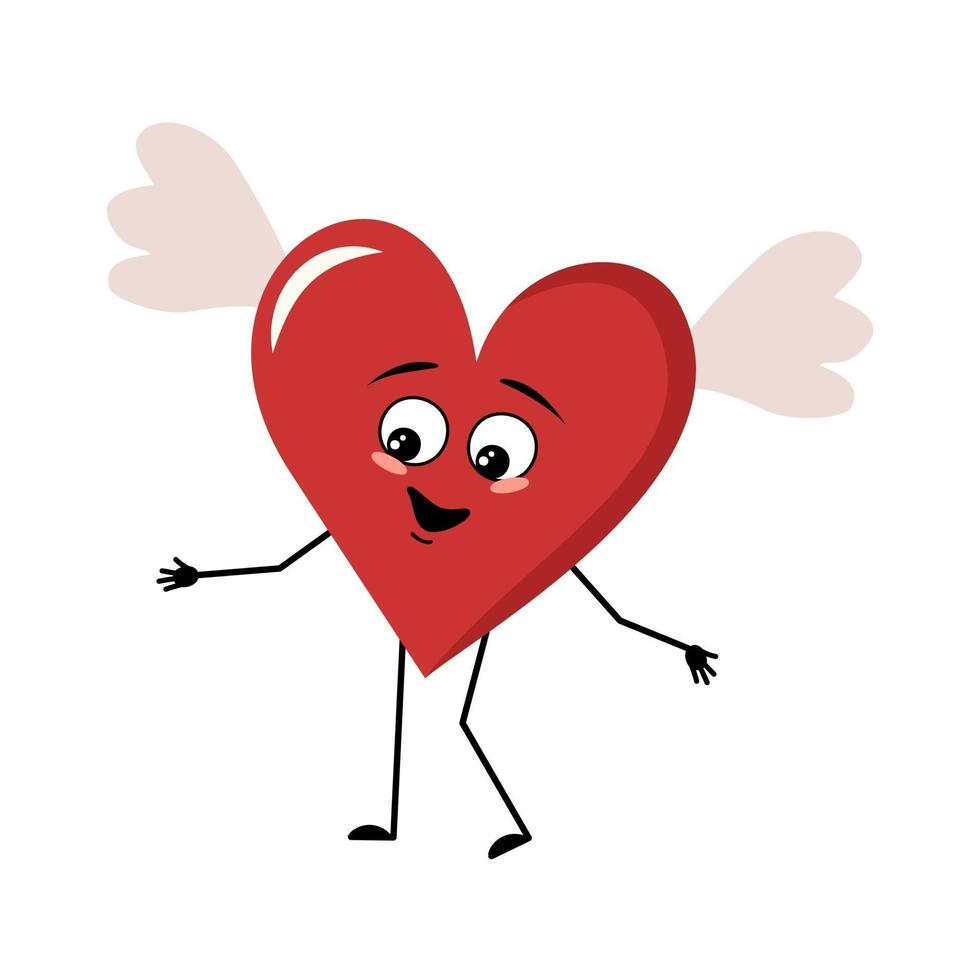karaktär rött hjärta med vingar och glada känslor vektor