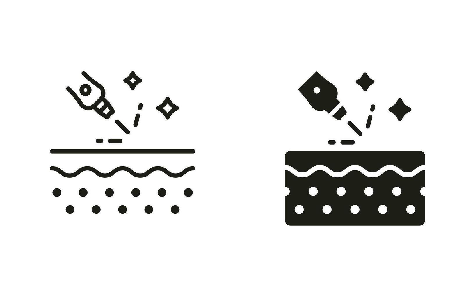 ästhetisch kosmetisch Verfahren. Laser- Behandlung zum Haut Linie und Silhouette schwarz Symbol Satz. Gesichts- Haar Entfernung Piktogramm. Dermatologie Schönheit Therapie zum Körper Haut. isoliert Vektor Illustration.