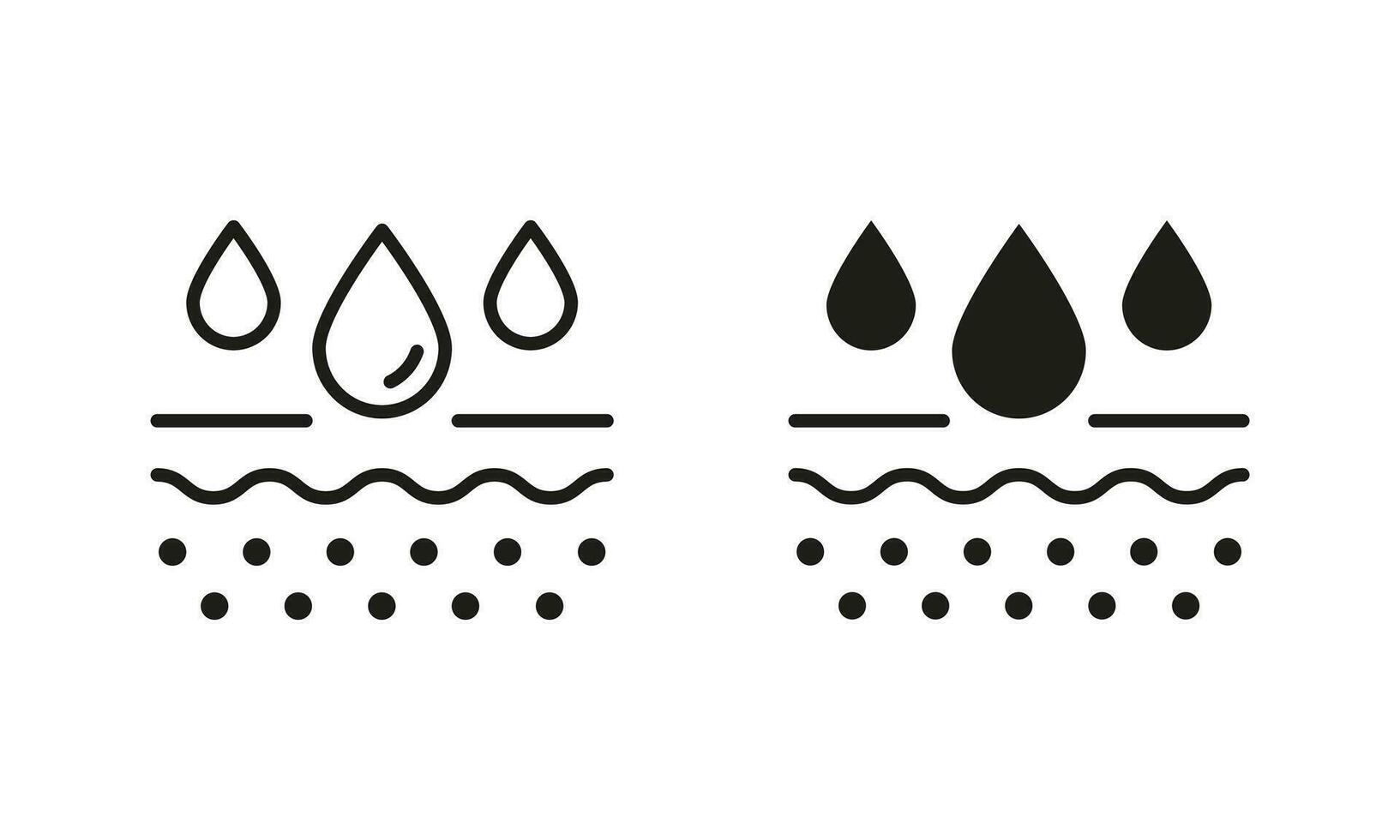 hud lager absorbera vatten släppa linje och silhuett svart ikon uppsättning. fukt hud piktogram. anti torr hudvård, fuktgivande ansikte och kropp hud symbol samling. isolerat vektor illustration.