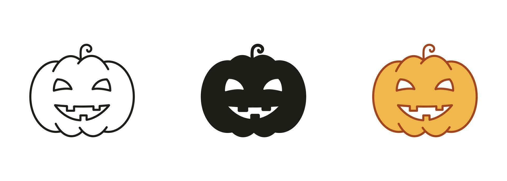 Halloween Kürbis Linie und Silhouette Symbol Satz. unheimlich Jack Laterne zum Feier von 31 Oktober Piktogramm. Kürbis Gesicht, Halloween Dekoration schwarz und Farbe Symbole. isoliert Vektor Illustration.