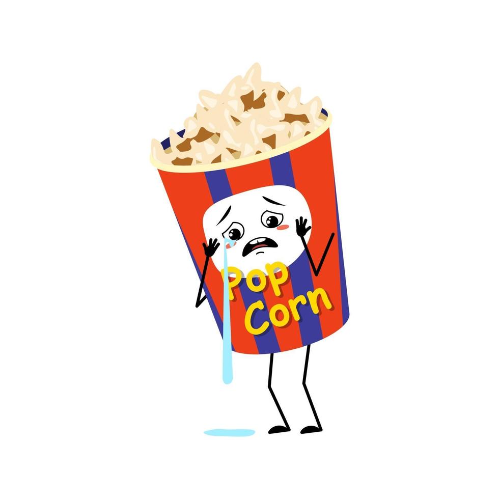 süßer Popcorn-Charakter in einer Urlaubsbox mit Weinen und Tränen Emotionen vektor