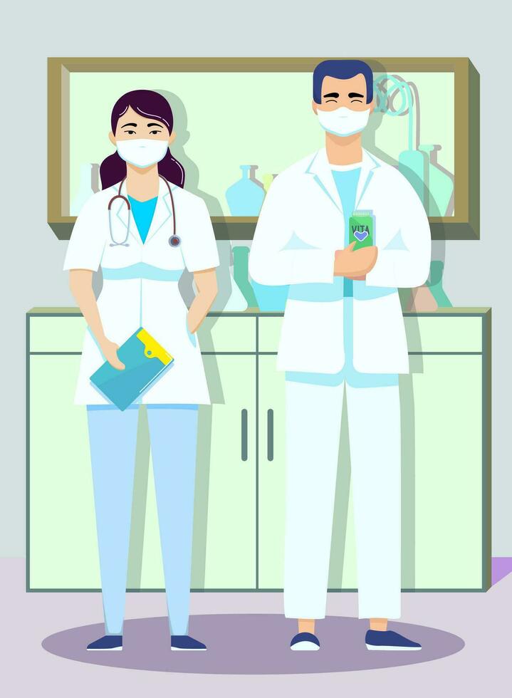 Krankenschwester und Labor Assistent. Wissenschaftler jung Profis im Masken Dirigieren Forschung im ein Labor, Wissenschaft Labor. Vektor eben Illustration. arbeiten, Weiß Mantel