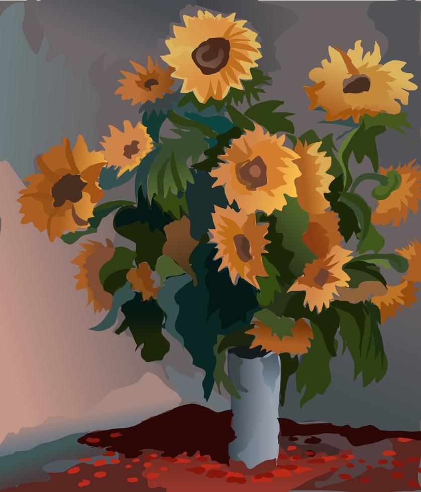 Sonnenblumen in einer Vase auf dem Tisch. Malen nach Zahlen vektor