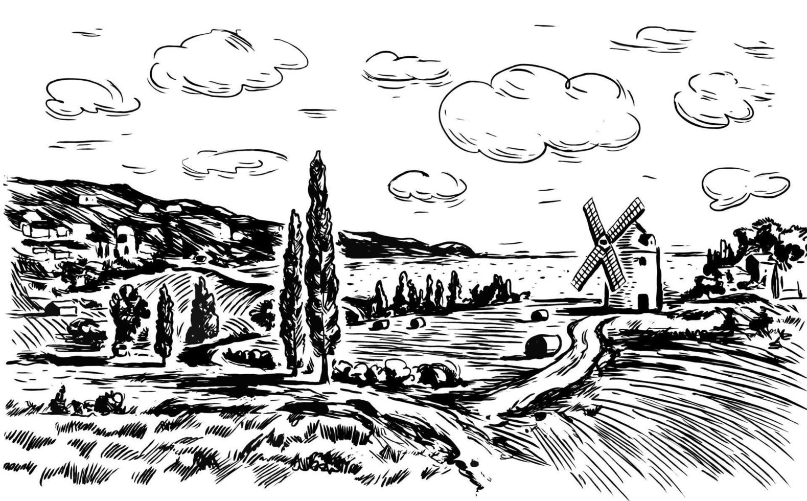 Sommerlandschaft mit Mühle, Feldern, Bergen und See vektor