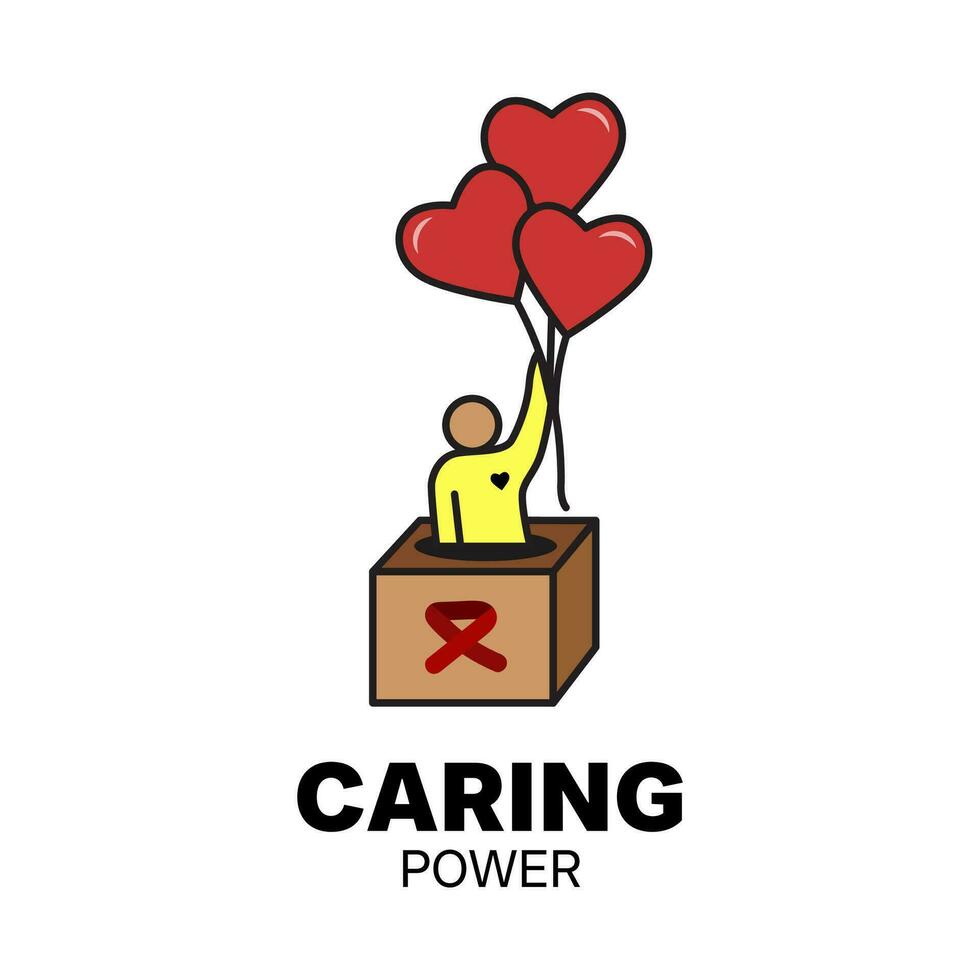illustration av en välgörenhet affisch för en insamlingar händelse. välgörenhet händelse förmån logotyp. illustration av en person i en välgörenhet låda innehav en hjärtformade ballong vektor