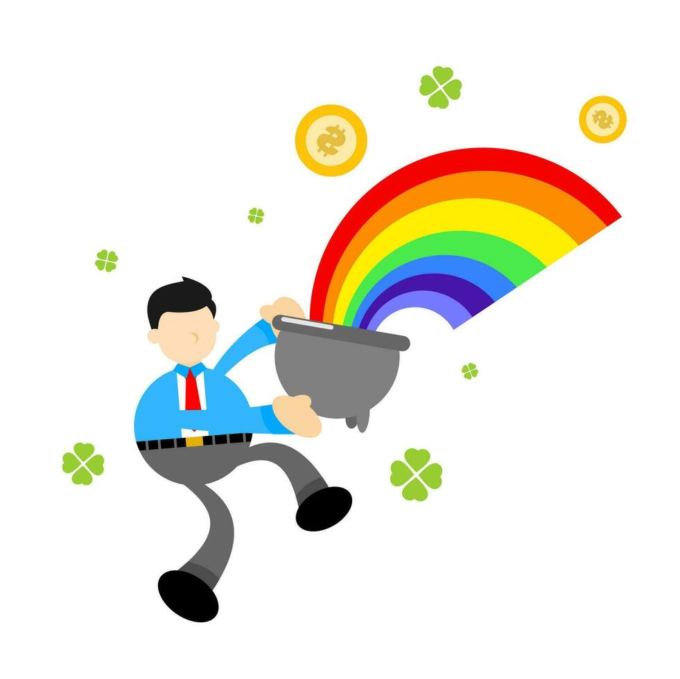affärsman arbetstagare och kittel med pengar och regnbåge Semester tecknad serie klotter platt design stil vektor illustration