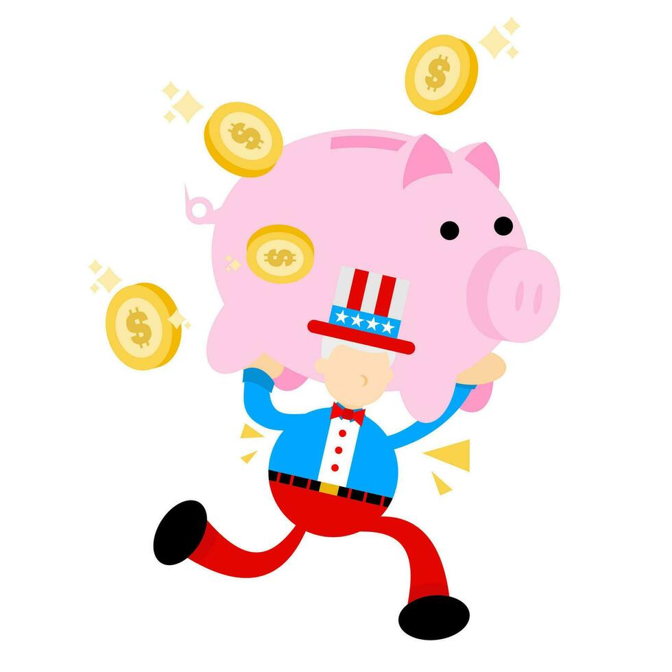 Onkel Sam Amerika Mann wählen Schwein Bank Geld Dollar Wirtschaft Karikatur Gekritzel eben Design Stil Vektor Illustration