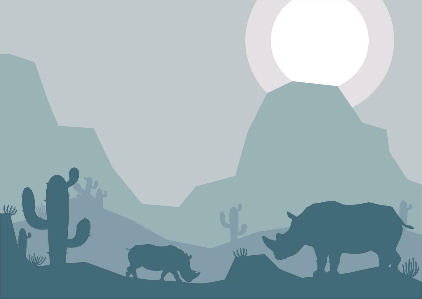 Nashorn Tier Silhouette Wüste Savanne Landschaft eben Design Vektor Illustration