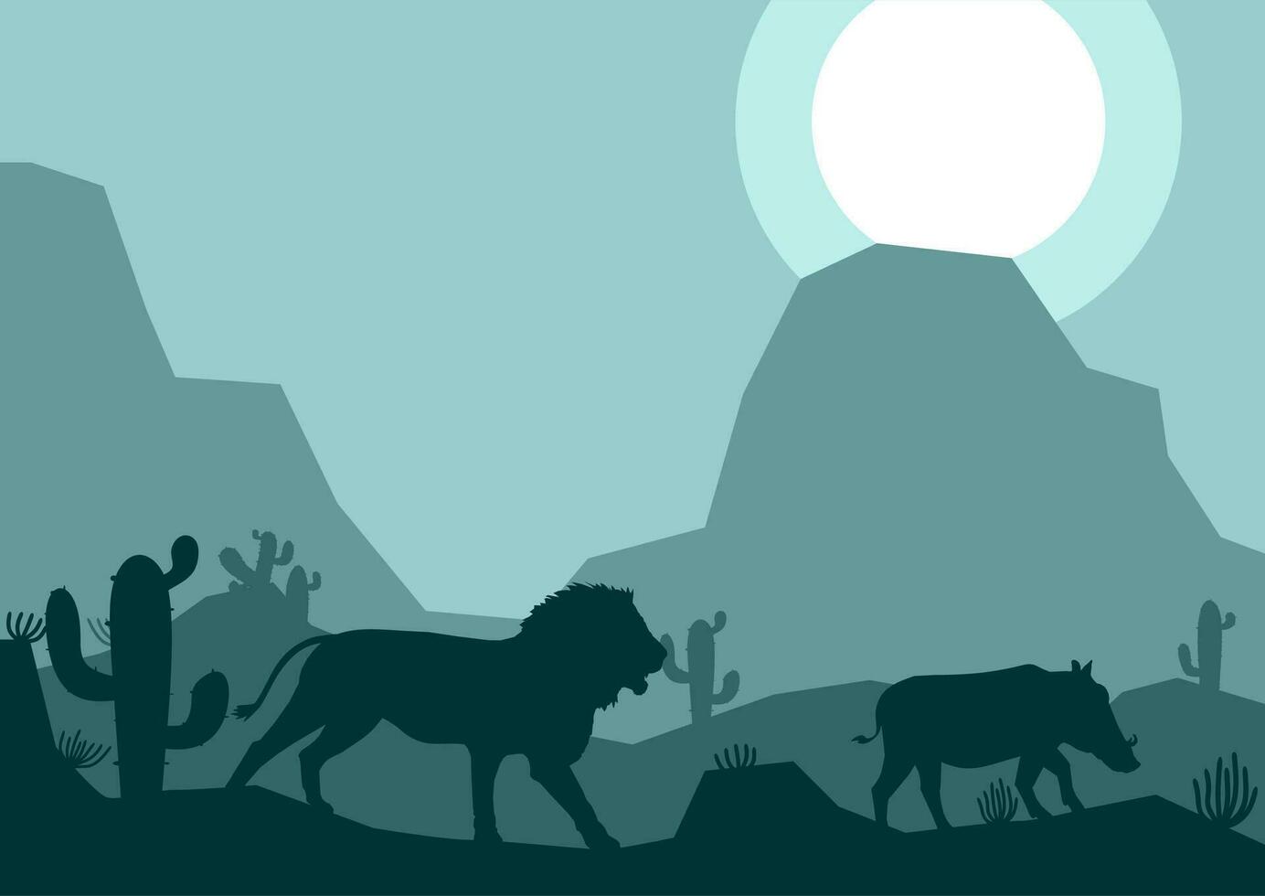 lejon jaga vildsvin djur- silhuett öken- savann landskap platt design vektor illustration