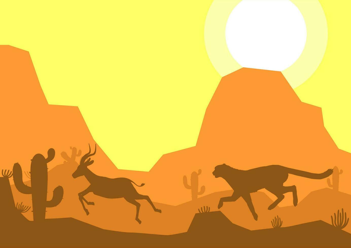 Gepard jagen Impala Hirsch Tier Silhouette Wüste Savanne Landschaft eben Design Vektor Illustration