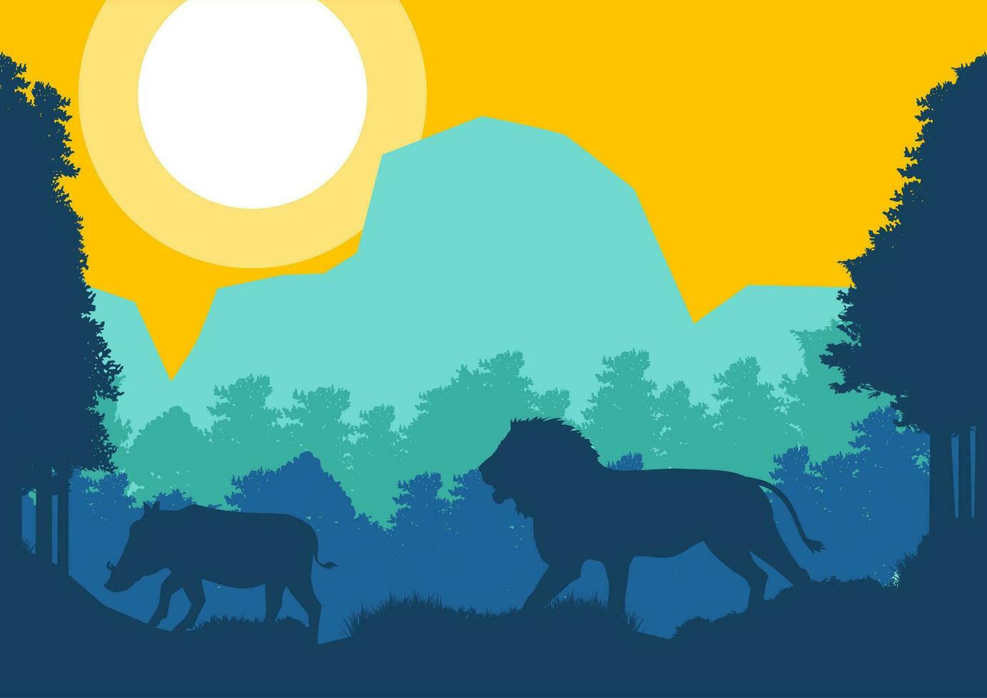 Löwe jagen Eber Schwein Tier Silhouette Wald Berg Landschaft eben Design Vektor Illustration