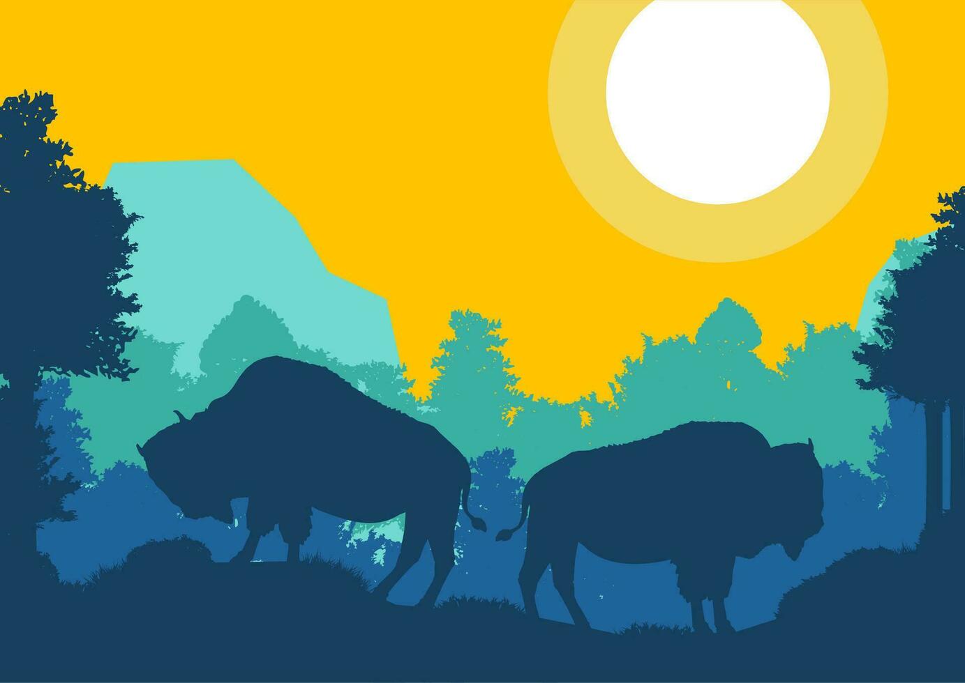 bison djur- silhuett skog berg landskap platt design vektor illustration