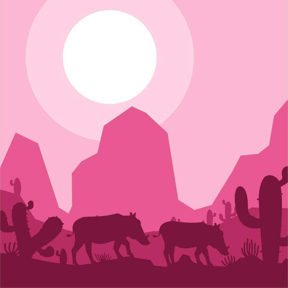 gris vildsvin djur- silhuett öken- savann landskap platt design vektor illustration