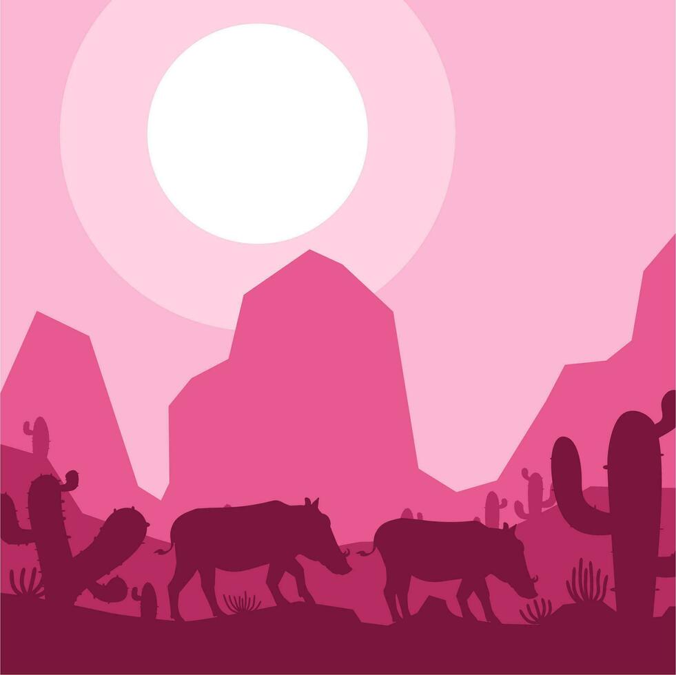 Schwein Eber Tier Silhouette Wüste Savanne Landschaft eben Design Vektor Illustration