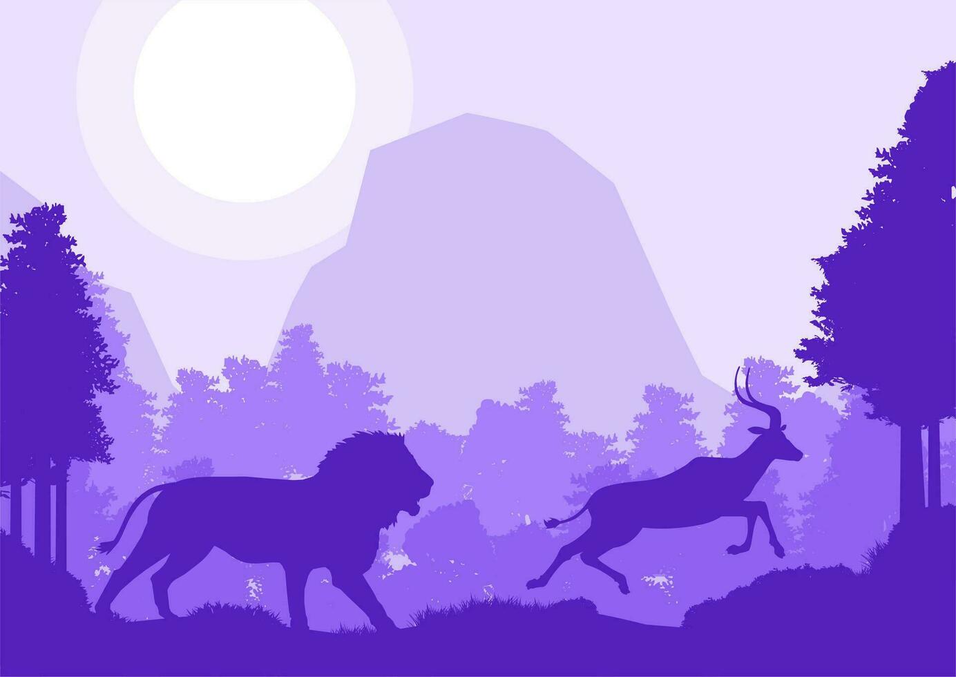 lejon jaga impala rådjur djur- silhuett skog berg landskap platt design vektor illustration