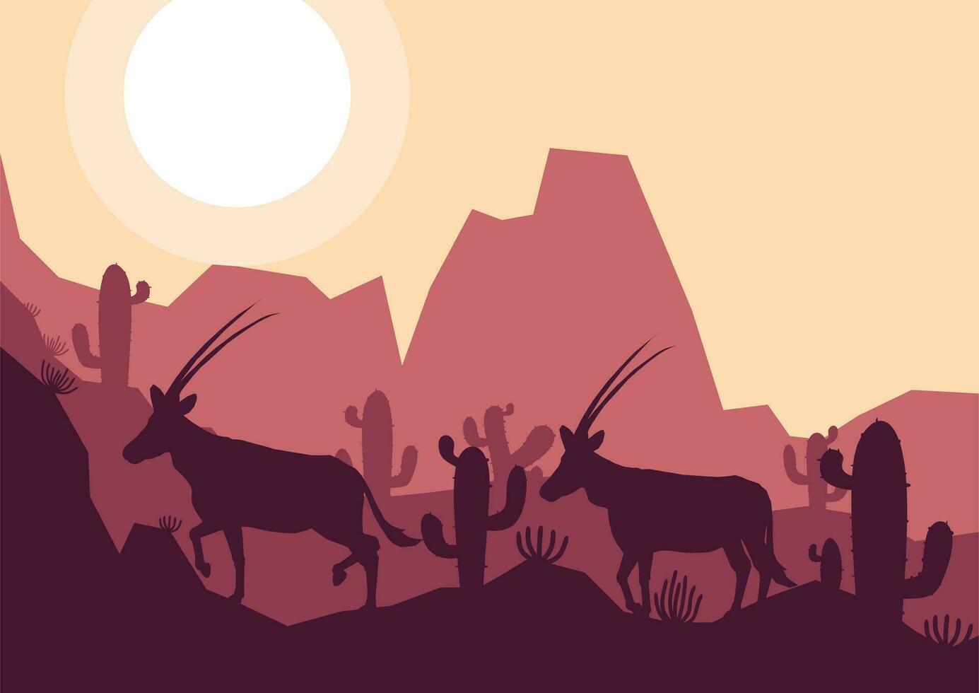 arab oryx antilop djur- silhuett öken- savann landskap platt design vektor illustration