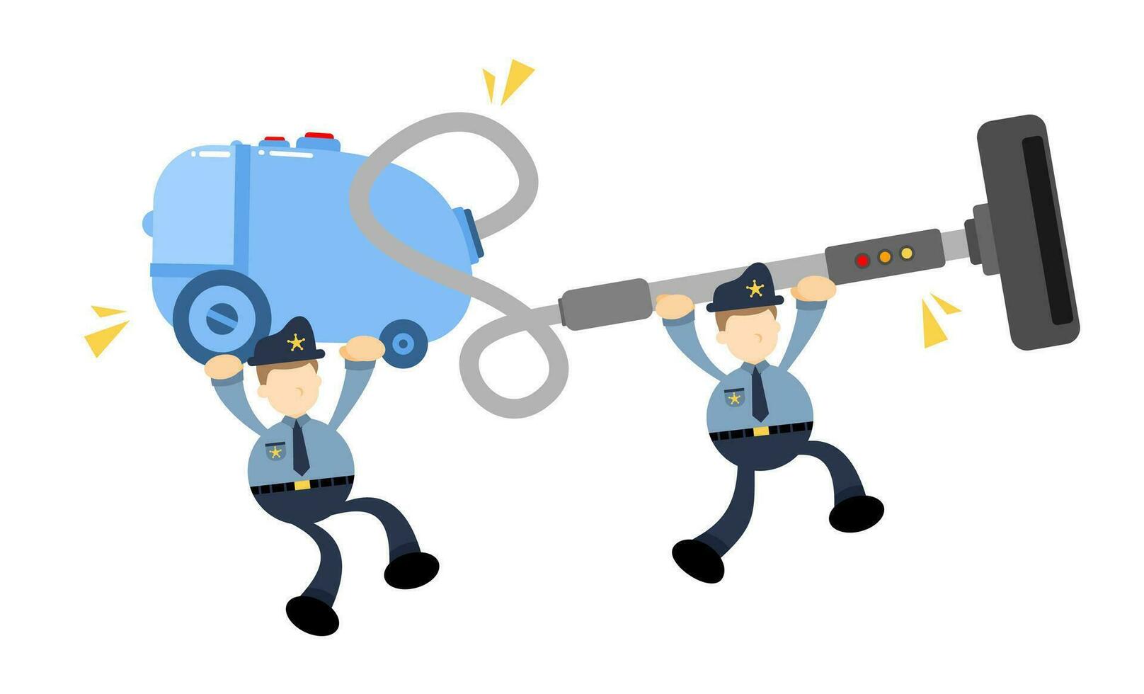 Polizei Offizier und Vakuum Reiniger sauber Karikatur Gekritzel eben Design Stil Vektor Illustration