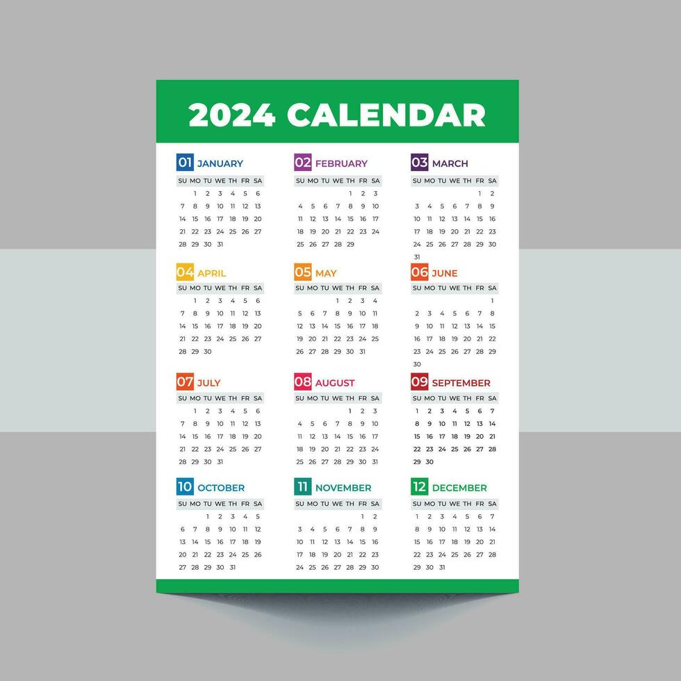 2024 kalender mall design. vecka börjar på söndag kontor kalender. skrivbordet planerare i enkel rena stil. företags- eller företag kalender. engelsk vektor kalender layout.