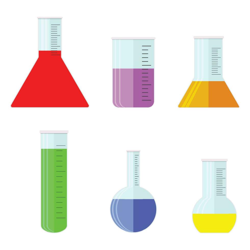 Laborbedarf giftig Chemikalien und Flüssigkeiten. Labor Glas mit farbig Substanz und am Boden, Vektor Illustration