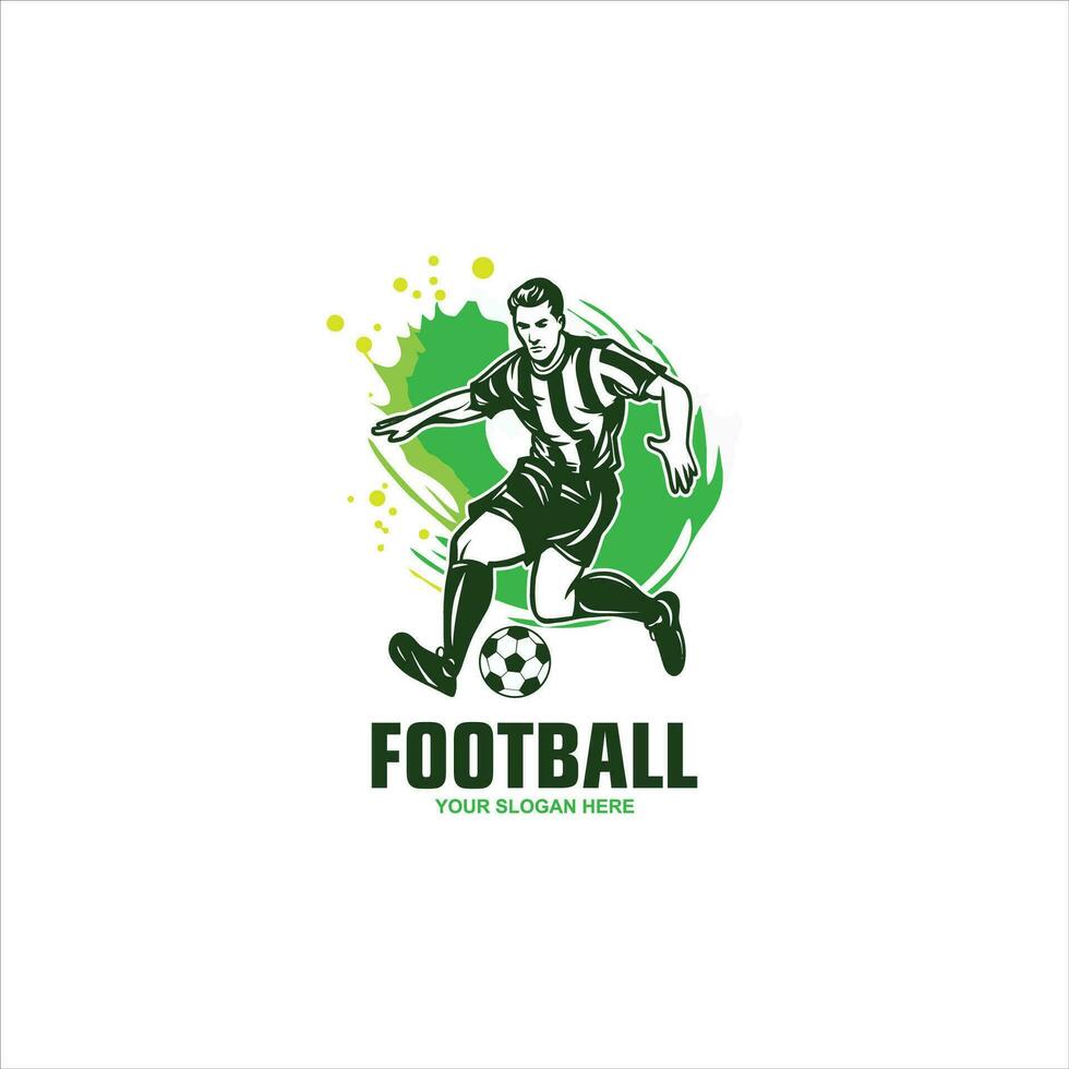 fotboll spelare löpning med boll, isolerat vektor silhuett. abstrakt fotboll logotyp.