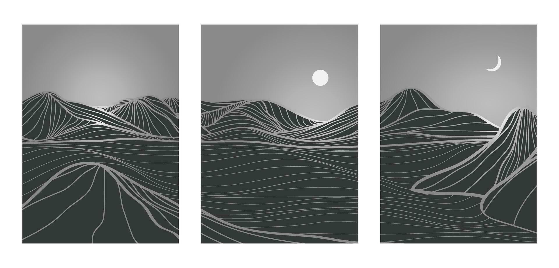 uppsättning av kreativ minimalistisk modern linje konst skriva ut. abstrakt berg samtida estetisk bakgrunder landskap. med fjäll, måne, hav, horisont, Vinka. vektor illustrationer