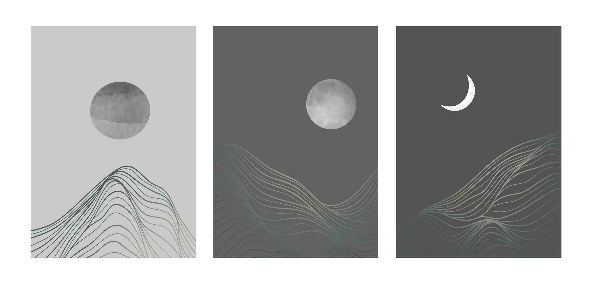 uppsättning av kreativa minimalistiska moderna linjekonsttryck. abstrakt berg samtida estetiska bakgrunder landskap. med berg, skog, hav, skyline, våg. vektor illustrationer