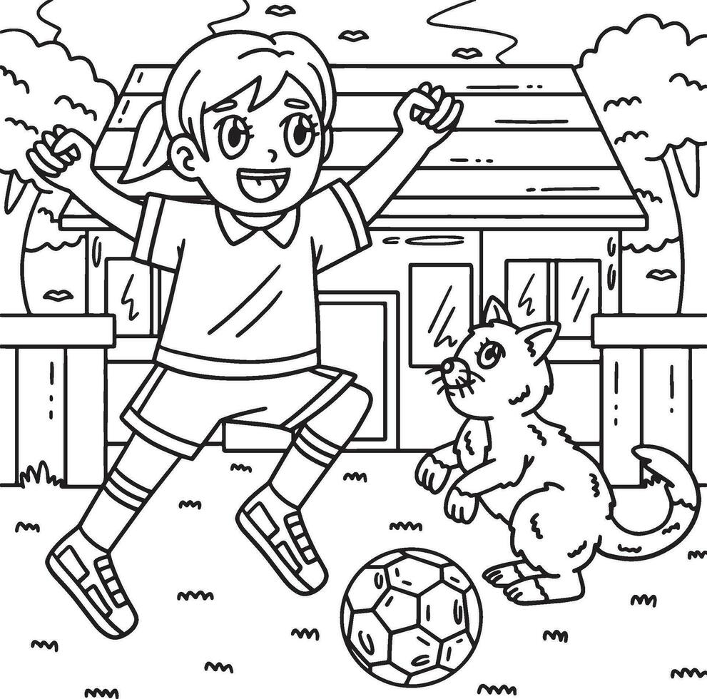 flicka och katt spelar fotboll färg sida för barn vektor