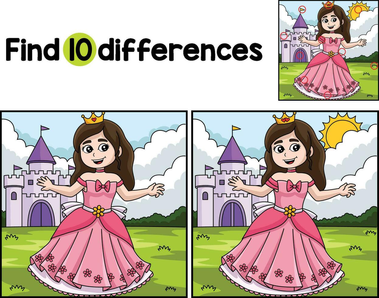 prinsessa i främre av slott hitta de skillnader vektor