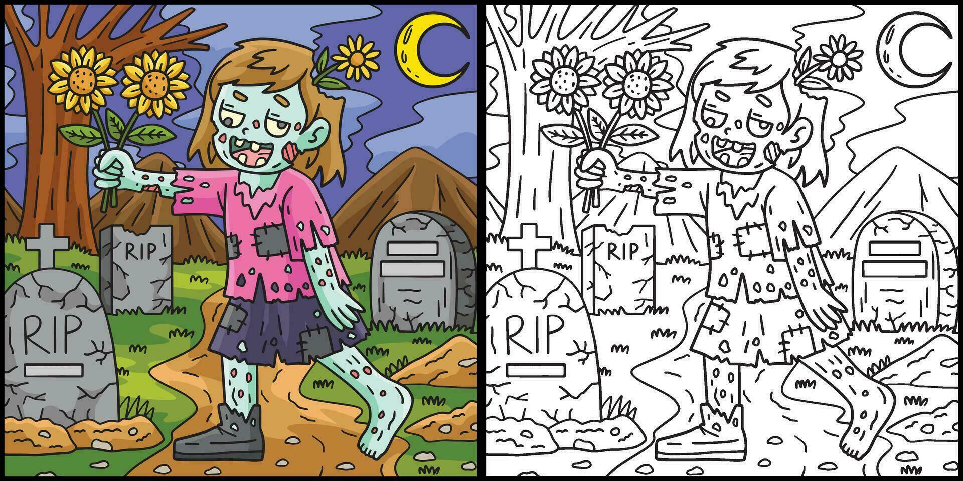 zombie flicka med solrosor färg illustration vektor