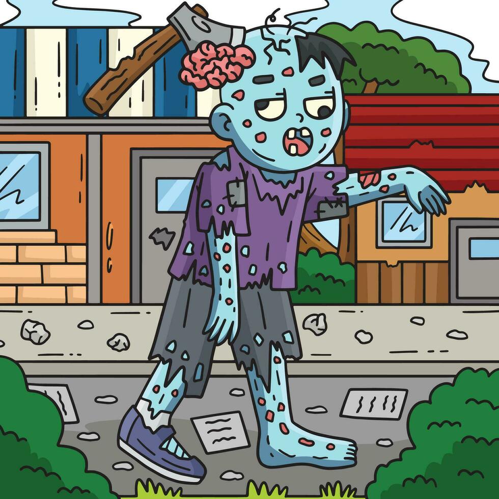 Zombie mit ein Axt auf das Kopf farbig Karikatur vektor